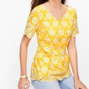 Talbots Yellow Floral Eyelet Embroidered Belted Peplum Top